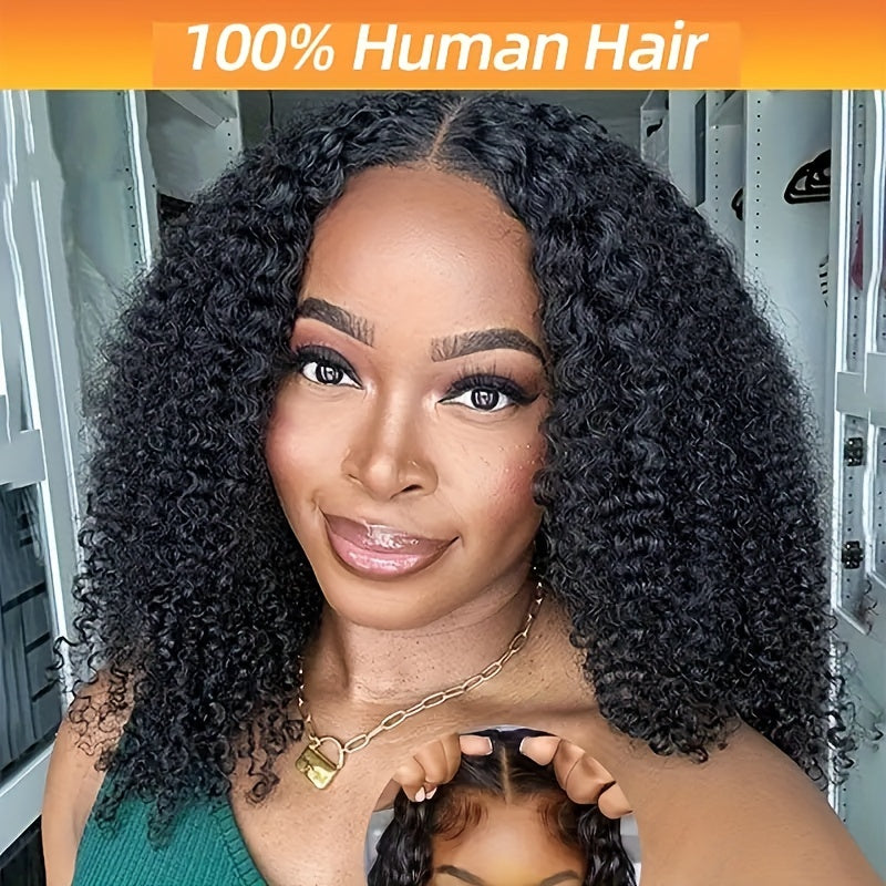 4x4 Put On And Go Glueless Bob Wig Human Hair Curly For Women Kinky Curly Lace Front Wig Human Hair Pre Plucked Pre Cut Lace Ready To Wear 180% Density Natural Black
